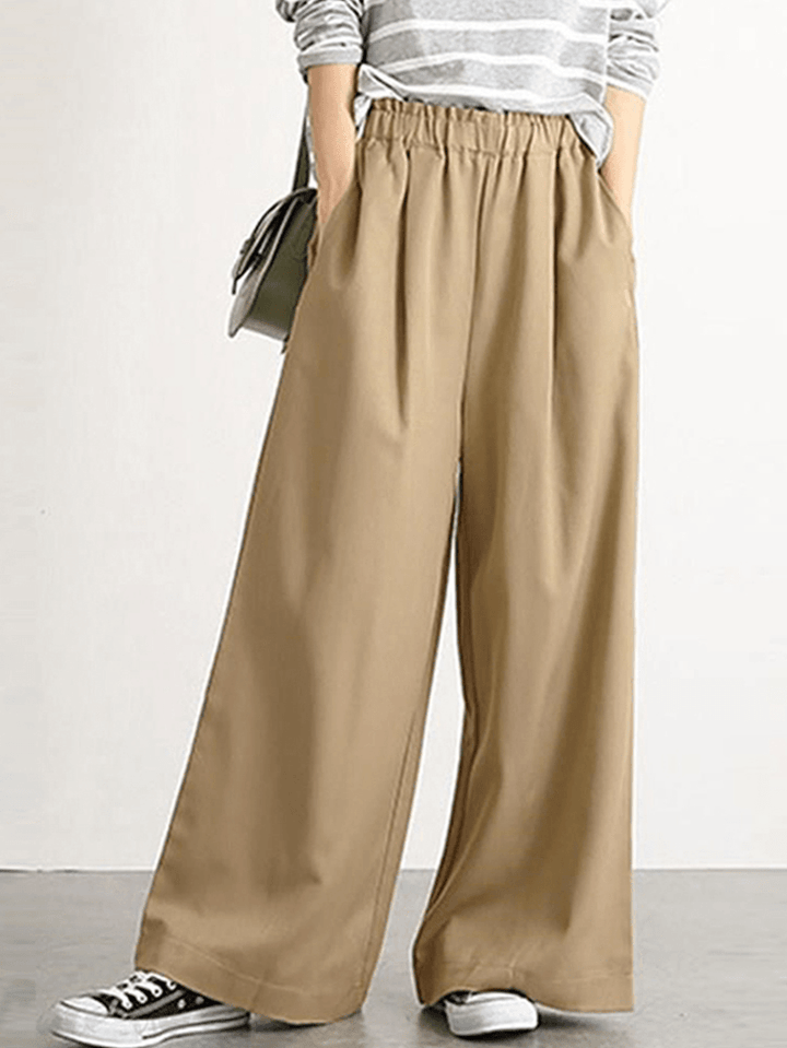 Women Casual Solid Color Elastic Waist Wide Leg Pants with Pocket - MRSLM