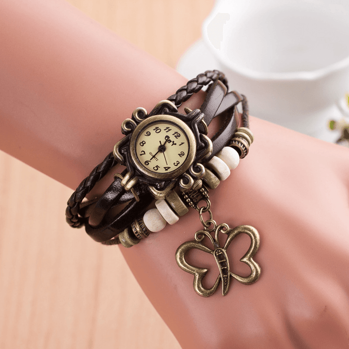 DOLAOR Multilayer Vintage Women Watch Hollow Butterfly Pendant Leather Retro Bracelet Watch - MRSLM