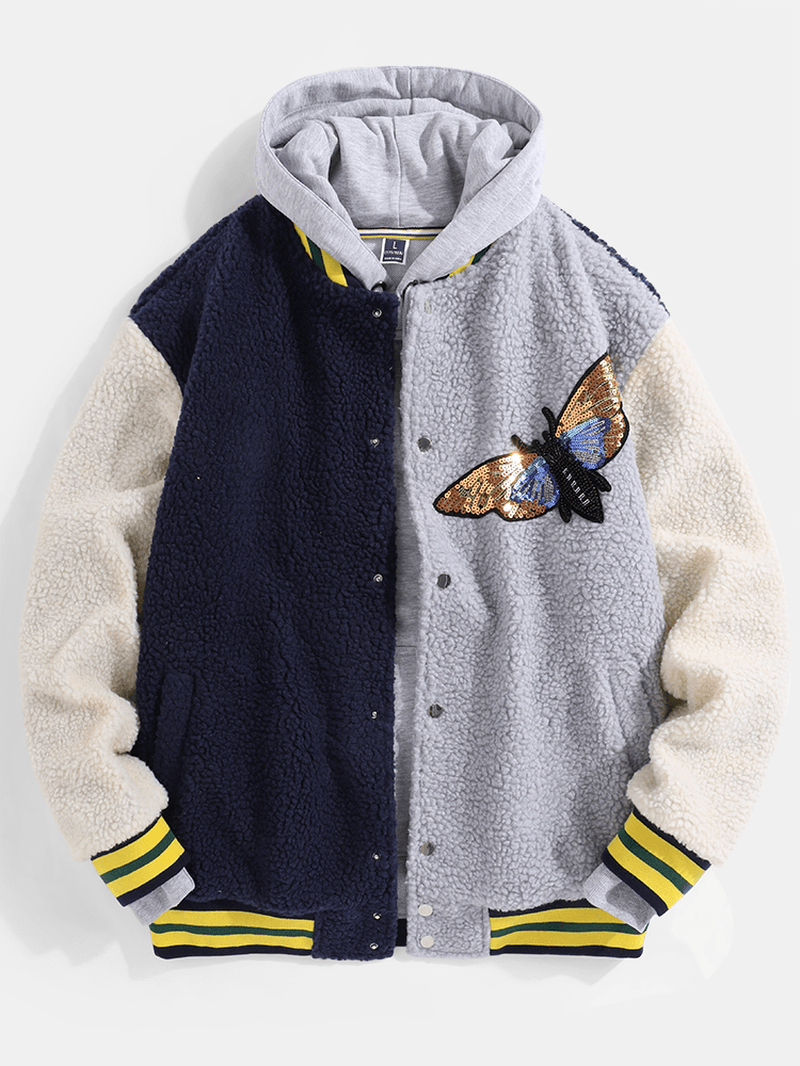 Mens Butterfly Sequins Applique Patchwork Pocket Baseball Collar Teddy Jacket - MRSLM