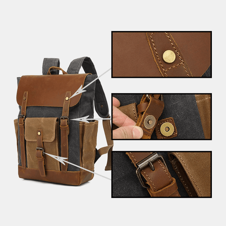 Men Retro Vintage Canvas Leather Backpack Sports Climbing Bag Travel Anti-Theft Backpack - MRSLM