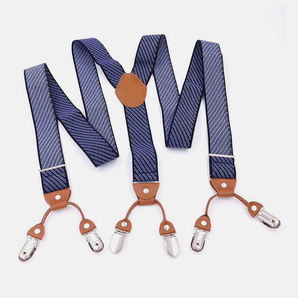 Men Rhombus Pattern 115Cm Hook Buckle Braces Suspenders High Elastic Adjustable 6 Clip Belt Strap - MRSLM