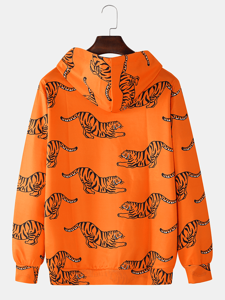 Mens Cartoon Tiger Print Long Sleeve Pocket Orange Drawstring Hoodies - MRSLM