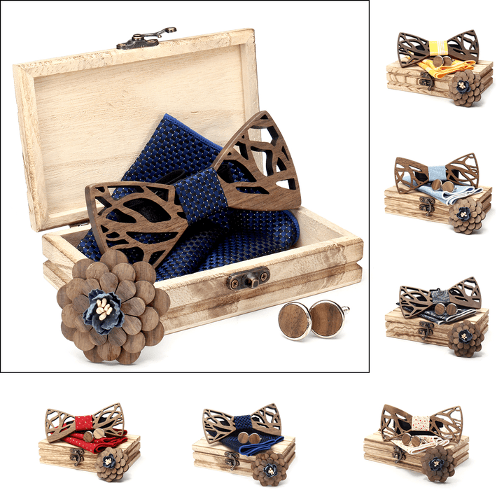 Handkerchief Cufflinks Set Wooden Bow Tie Bowknots for Wedding Pocket Square Hanky Cravat Decor Supplies - MRSLM