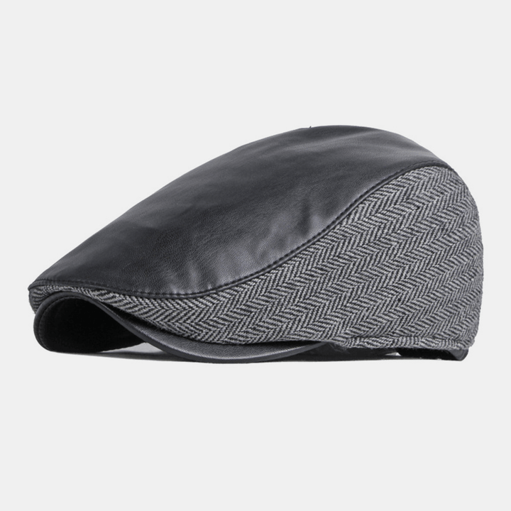 Mens PU Leather Stitching Earflaps Ear Protection Beret Cap Retro Outdoor Cool Protection Warm Forward Hat - MRSLM