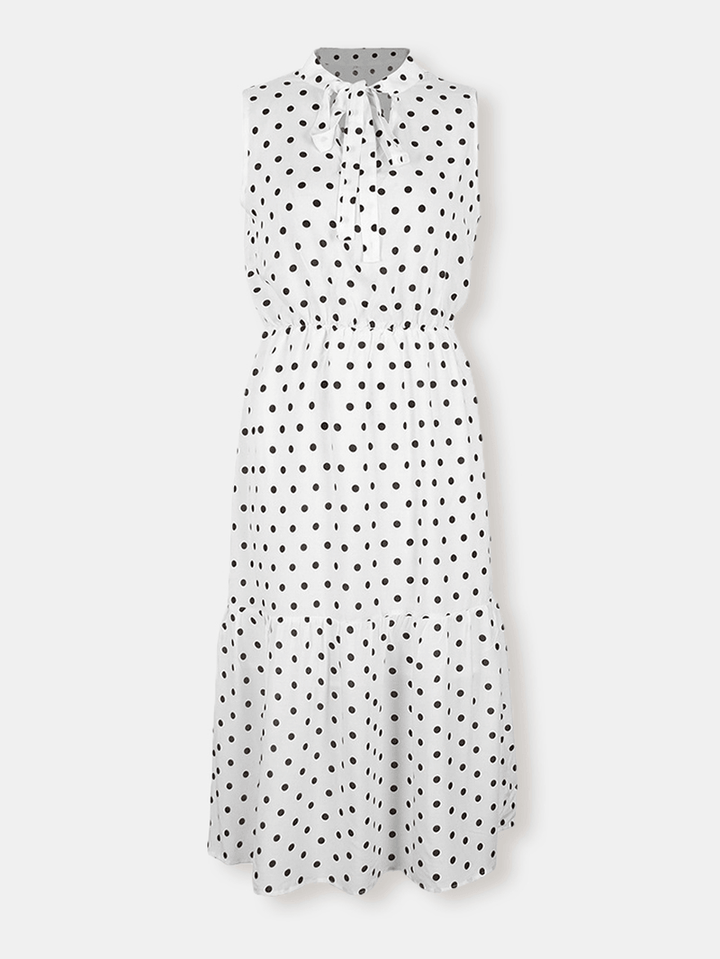 Polka Dot Print V-Neck Sleeveless Knotted Pleated Dress for Women - MRSLM