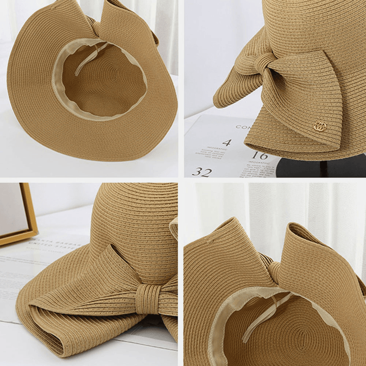 Women Foldable Rear Split Design Bow Straw Hat Adjustable Breathable Summer Casual Wild Sunshade Bucket Hat - MRSLM