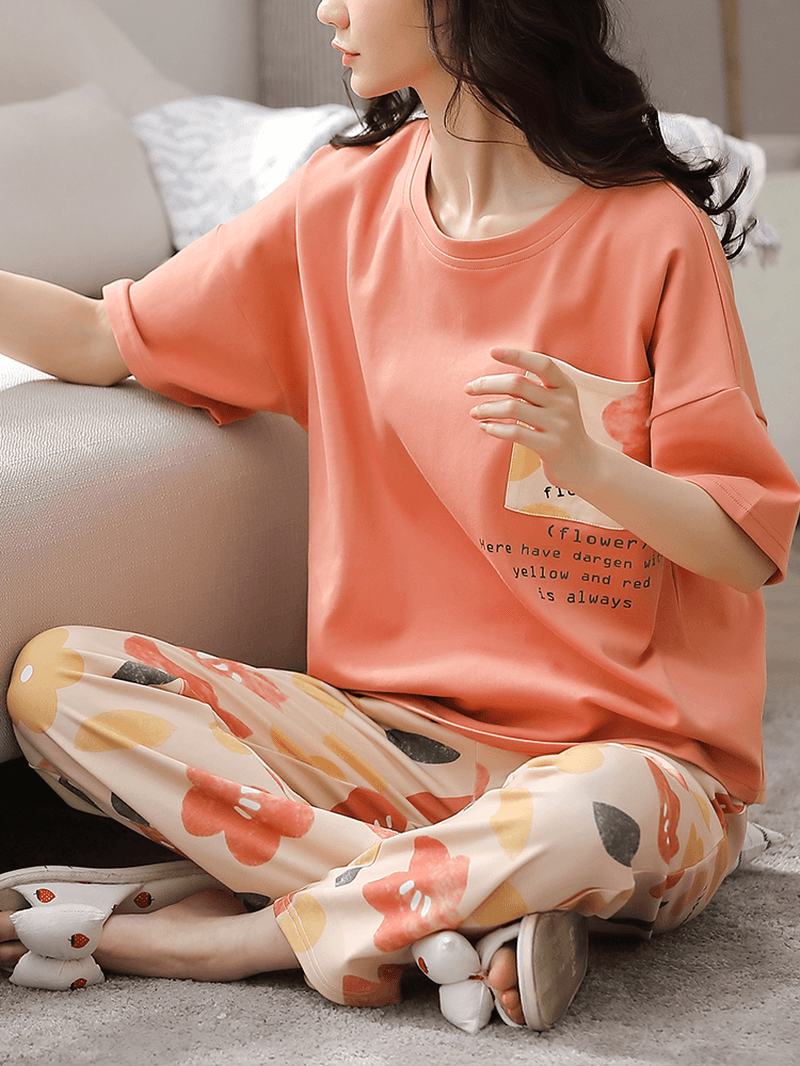 Women Floral Pattern Letter Print Short Sleeve Pocket Elastic Waist Home Pajama Sets - MRSLM