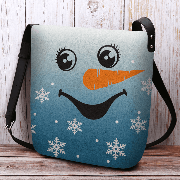 Women Felt Cute Festive Christmas Smile Snowman Snowflakes Print Crossbody Bag Shoulder Bag - MRSLM