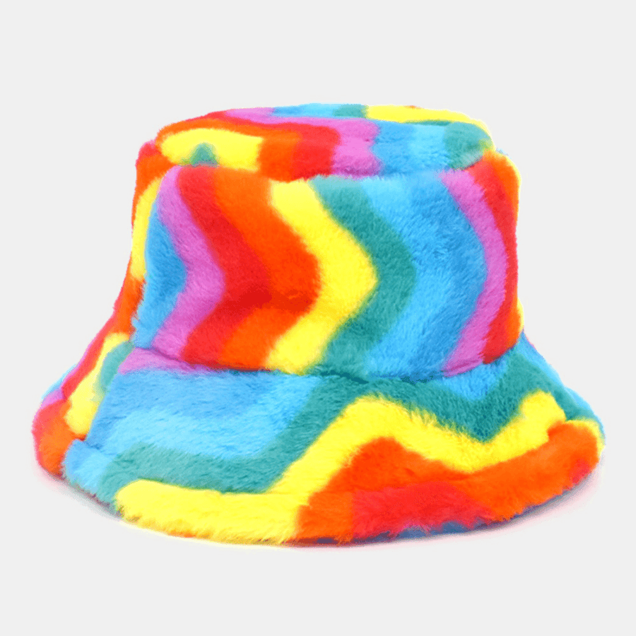 Unisex Faux Rabbit Fur Rainbow Color Striped Thicken Outdoor Warmth Bucket Hat - MRSLM