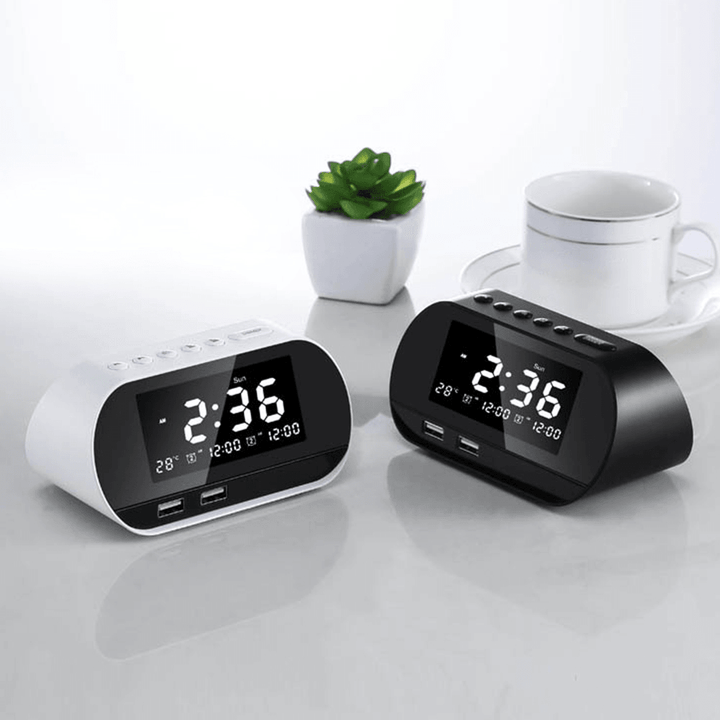 Dual Home FM 2 Puertos USB Phone Charger Raido Multifunctional Alarm Clock All-In-One Design with Wireless Speaker Office Brightness Adjustable LCD Display Permanent Calendar - MRSLM