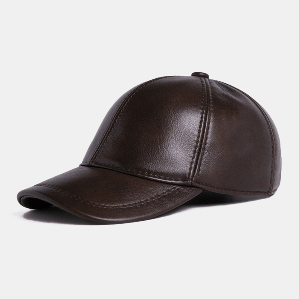 Men Genuine Cowhide Leather Adjustable Baseball Cap Outdoor Protect Ear Winter Warm for Elderly Father - MRSLM