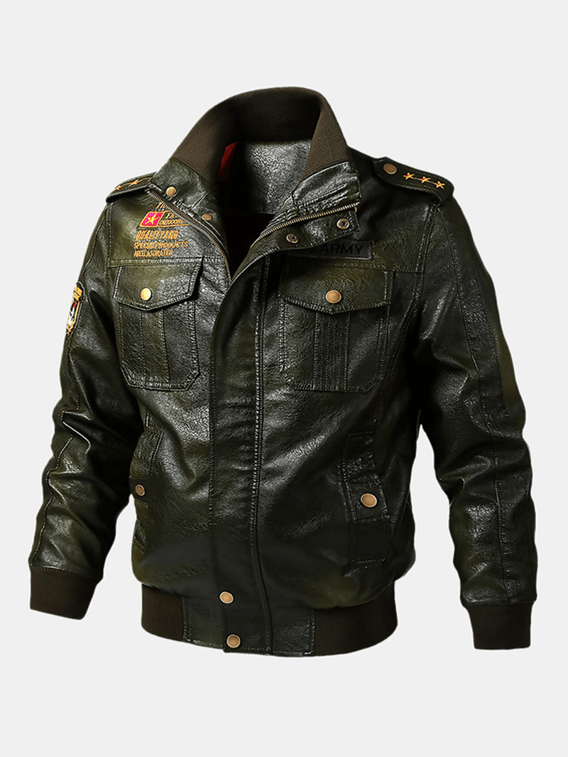 Mens PU Leather Badge Zip Front Biker Jackets with Flap Pockets - MRSLM