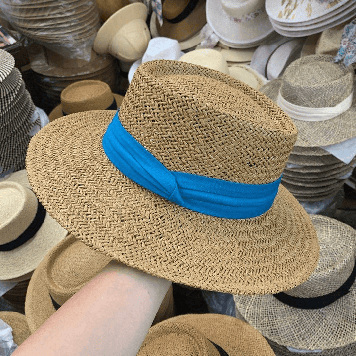 Summer Hat Flat Straw Hat Female Raffia Straw Hat Beach Vacation Sun Shade Sun Hat Fisherman Hat Net Red - MRSLM