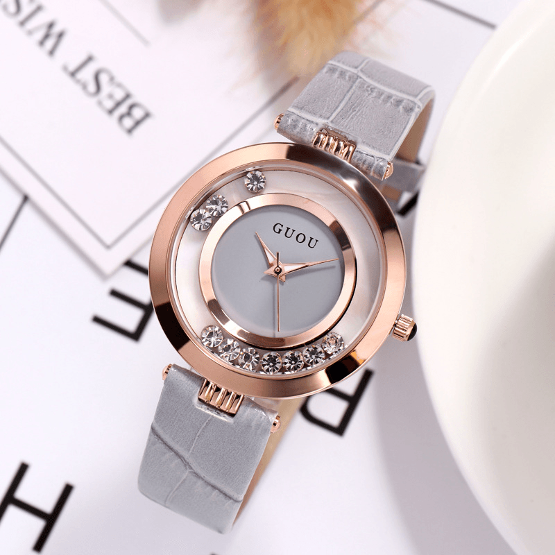 GUOU 8039 Fashion Women Watch Light Luxury Full Steel Glitter Diamond Leather Strap Female Quartz Watch - MRSLM