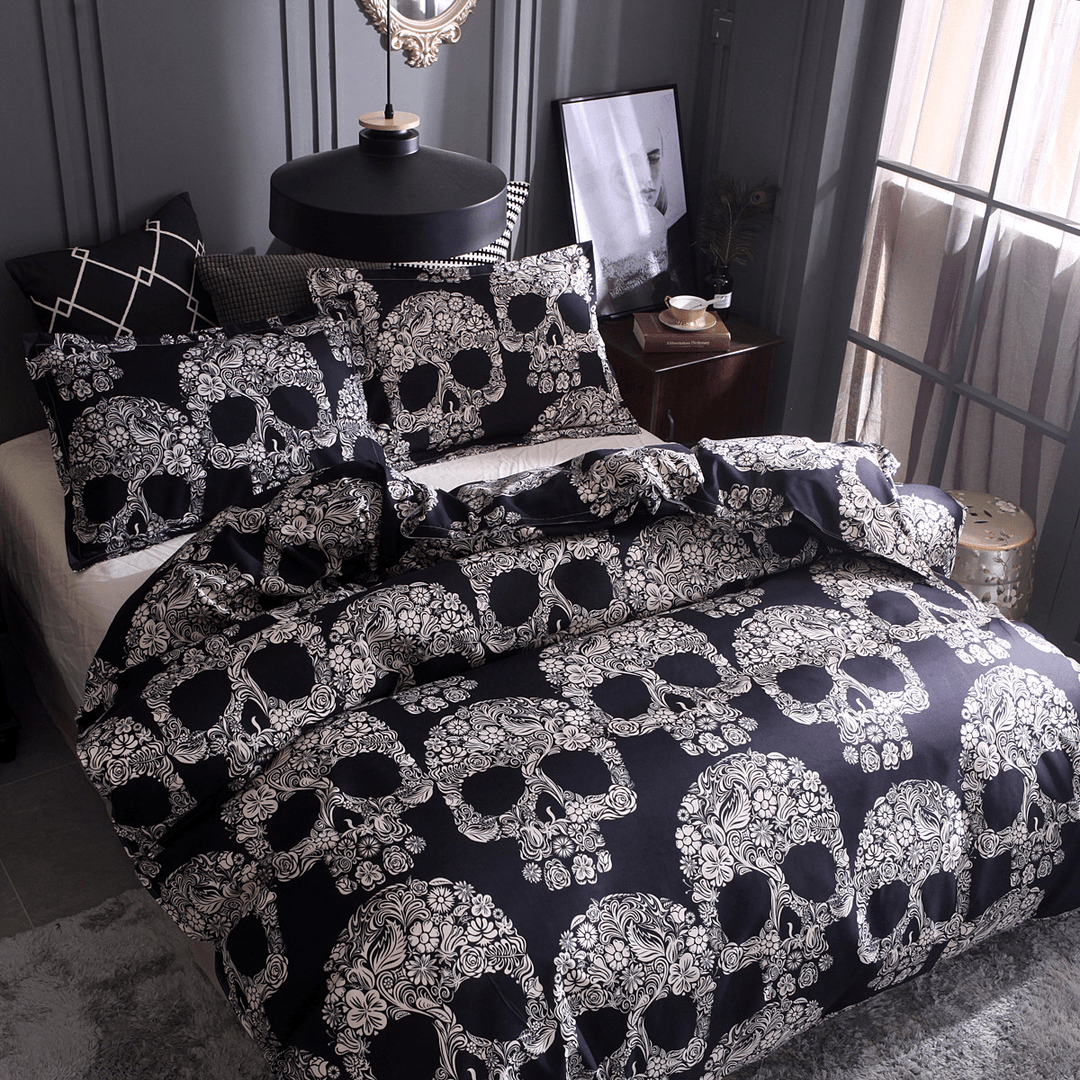 Black White Skull Printed Quilt Cover Pillowcase Halloween Style Bedding Sets - MRSLM