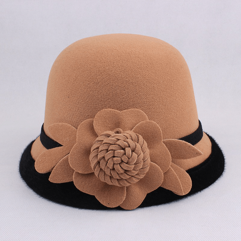 Women Warm Woolen Bowler Hat Flower Ethnic Bucket Hat - MRSLM