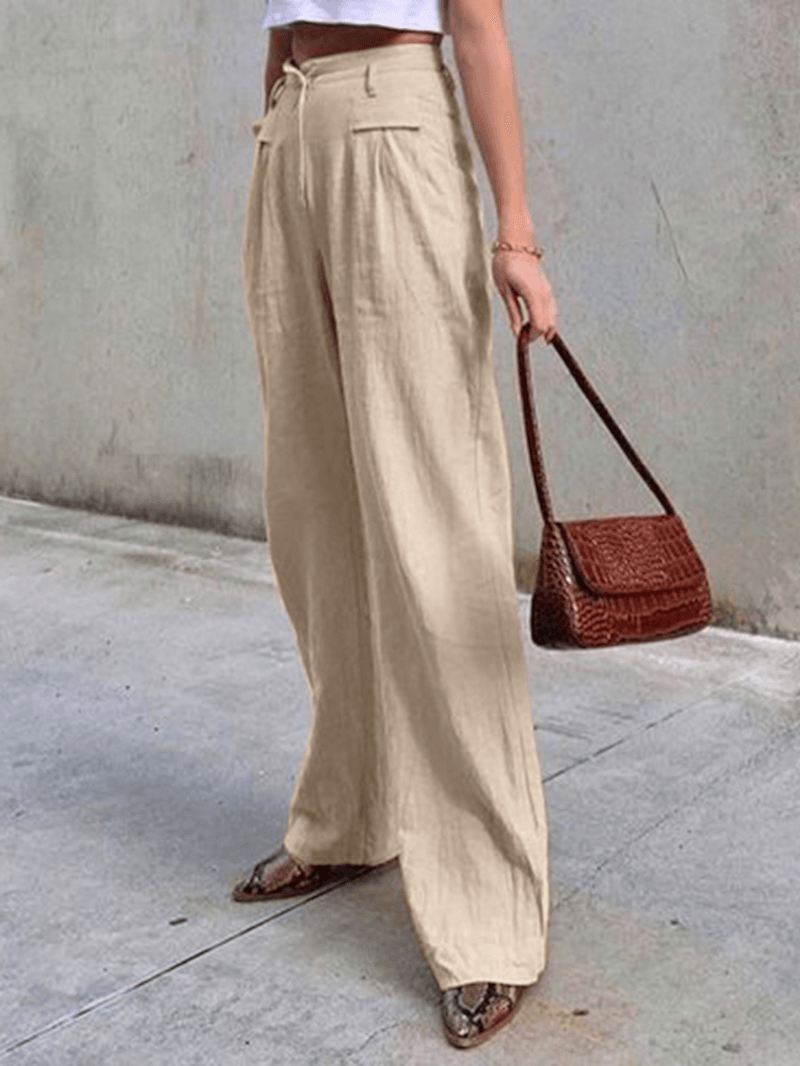 Women Zipper High Waist Wide Leg Pants Solid Color Casual Trousers with Pocket - MRSLM