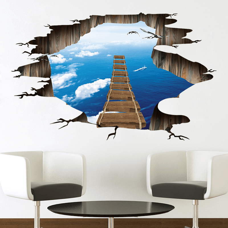 Miico Creative 3D Sky Suspension Bridge Broken Wall Removable Home Room Decorative Wall Door Decor Sticker - MRSLM