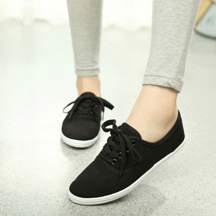 Womens Solid Color Canvas Lace up Casual Flats Loafers - MRSLM