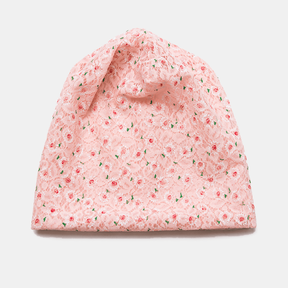 Women Lace Floral Pattern Printed Hollow Breathable Sun Protection Beanie Hat Baotou Hat - MRSLM