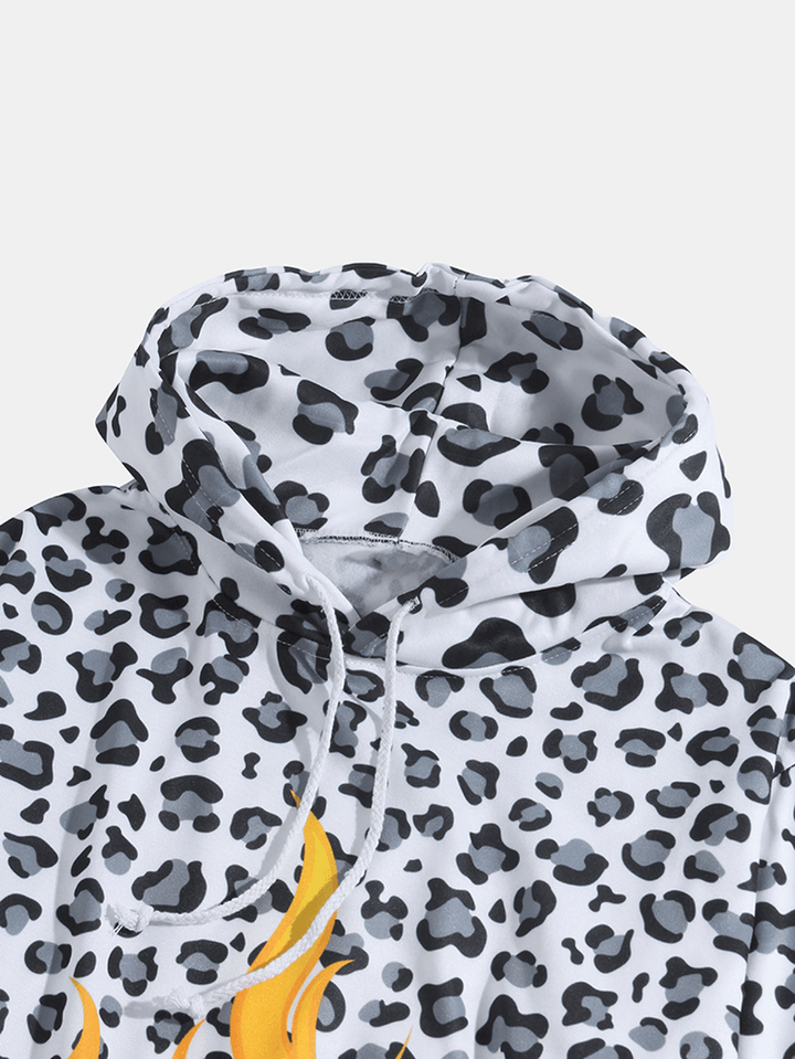 Mens Leopard Flame Print Kangaroo Pocket Design Drawstring Hoodies - MRSLM