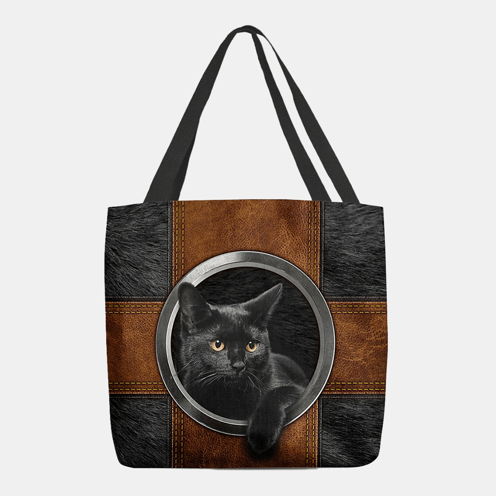 Women Canvas Cute Cartoon Black Cat Print Handbag Tote Shoulder Bag - MRSLM