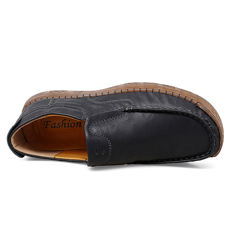 Menico Men Cowhide Breathable Hand Stitching Soft Sole Slip on Solid Casual Loafer Shoes - MRSLM