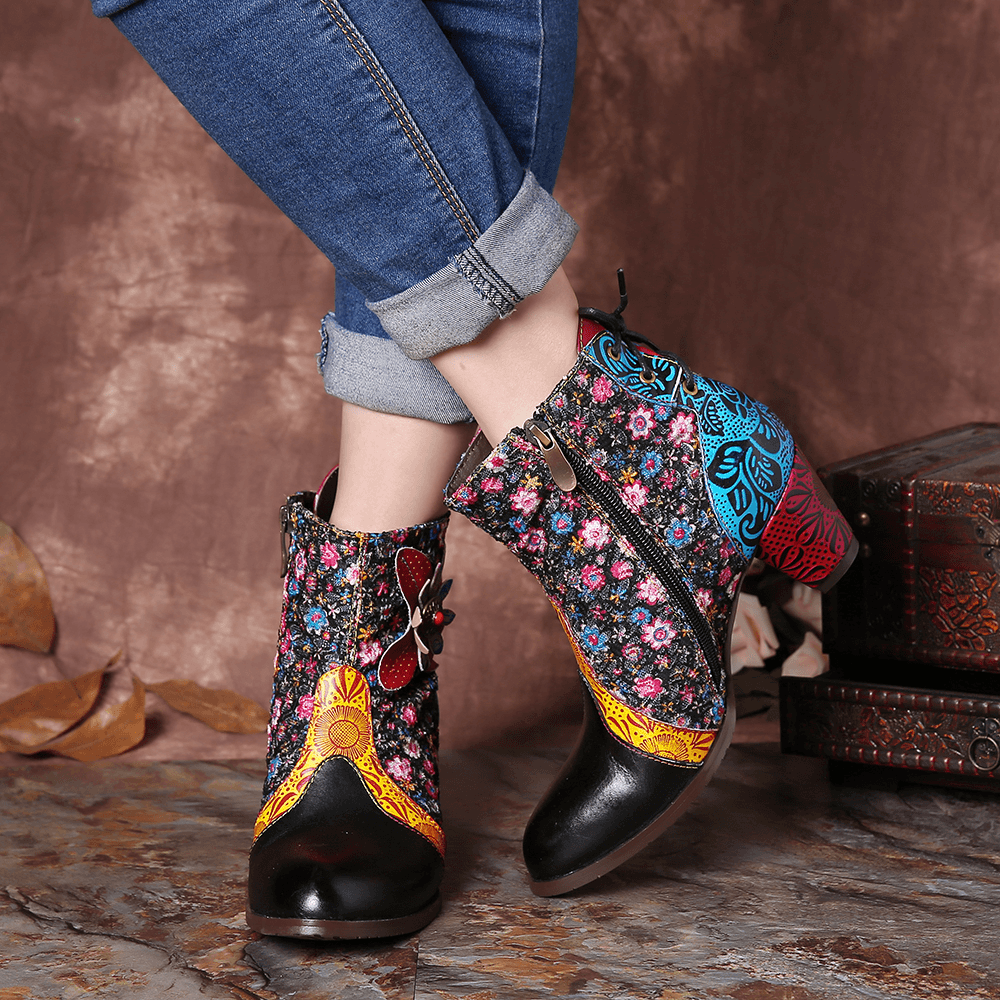 Women Retro Leaf Flower Leather Comfy Zipper Ankle Boots - MRSLM