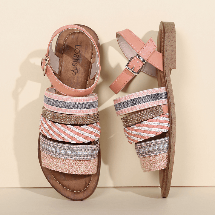 Lostisy Women Casual Bohemia Weave Stitching Buckle Flat Sandals - MRSLM