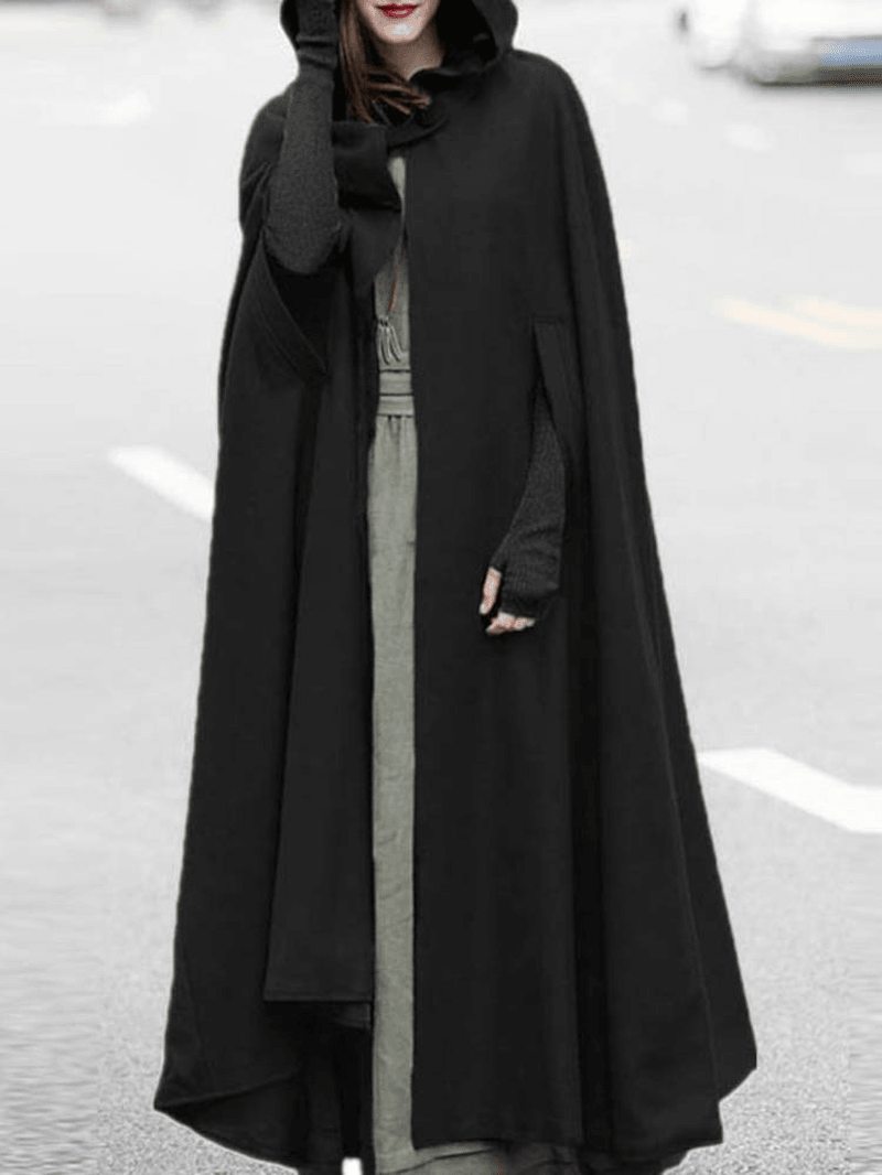 Women Hooded Style Ankle Length Woolen Long Cloak Loose Sleeveless Coats - MRSLM