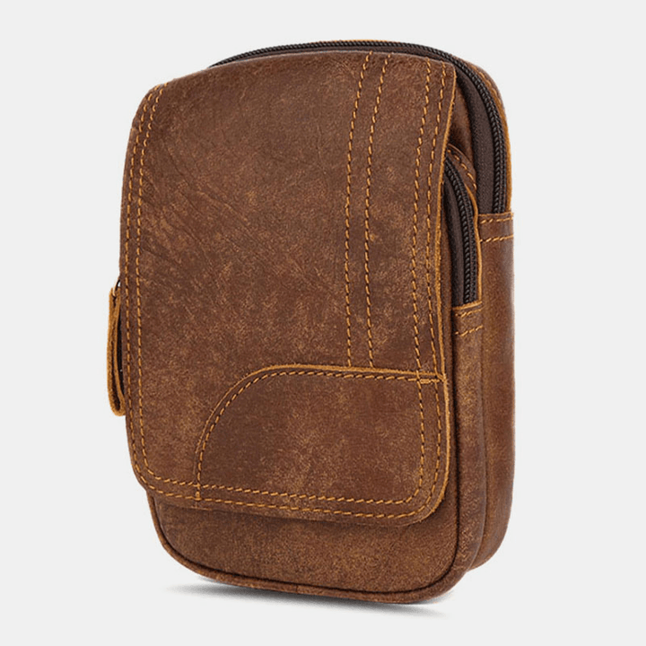 Men Genuine Leather Large Capacity Waist Bag Multifunctional Outdoor Retro 6.3 Inch Phone Bag - MRSLM