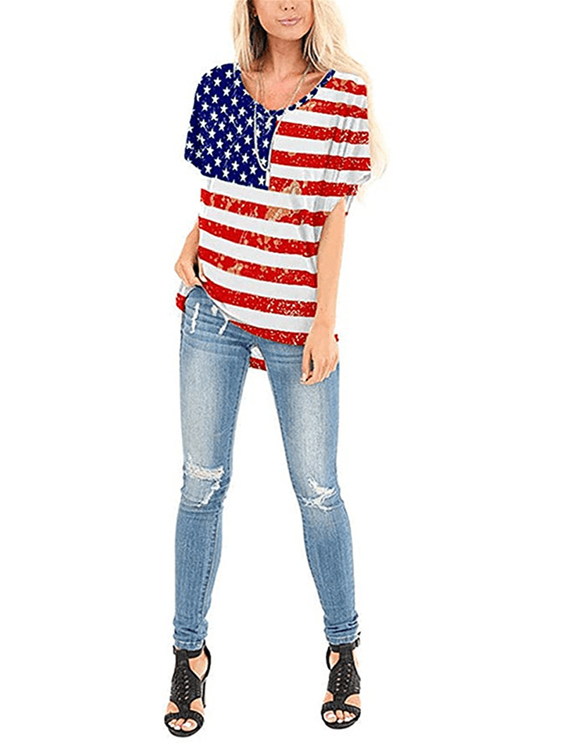 American Flag Star Print Independence Day Crew Neck Women Casual T-Shirts for Women - MRSLM