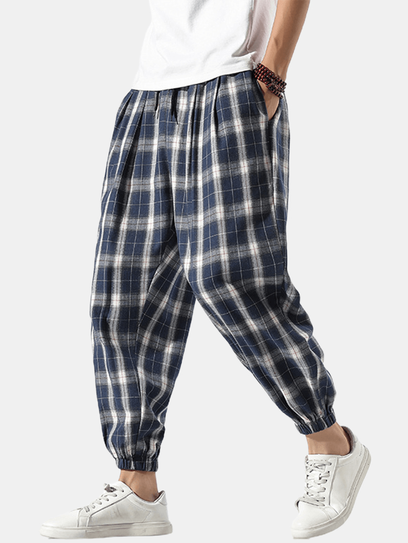 Mens Plaid Linen Casual Drawstring Elastic Waist Beam Feet Pants with Pocket - MRSLM