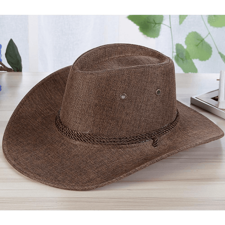 Men'S Linen Solid Color Cool Western Cowboy Male Cycling Hat Accessories Sunscreen - MRSLM