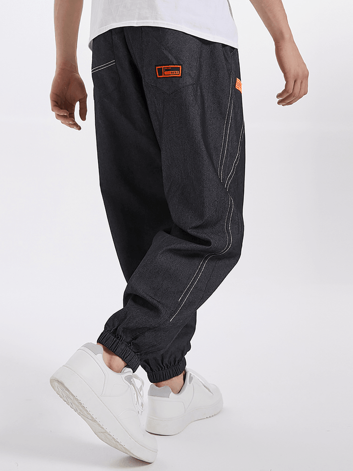 Mens Seam Detail Applique Elastic Ankle Loose Drawstring Pants - MRSLM