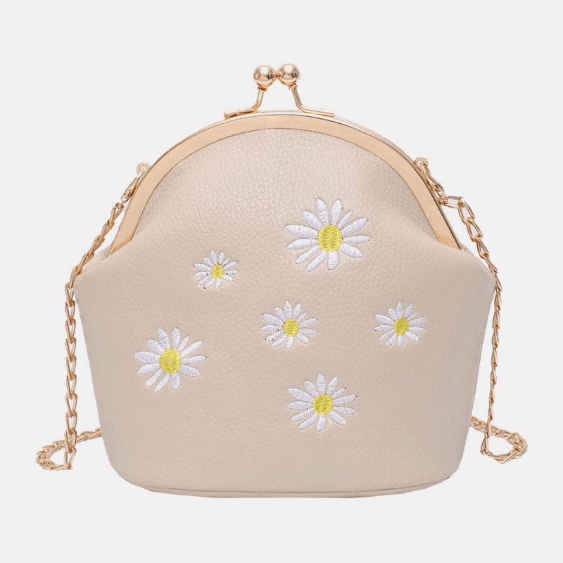 Women Daisy Embroidery Chains Hasp Crossbody Bag Shoulder Bag - MRSLM