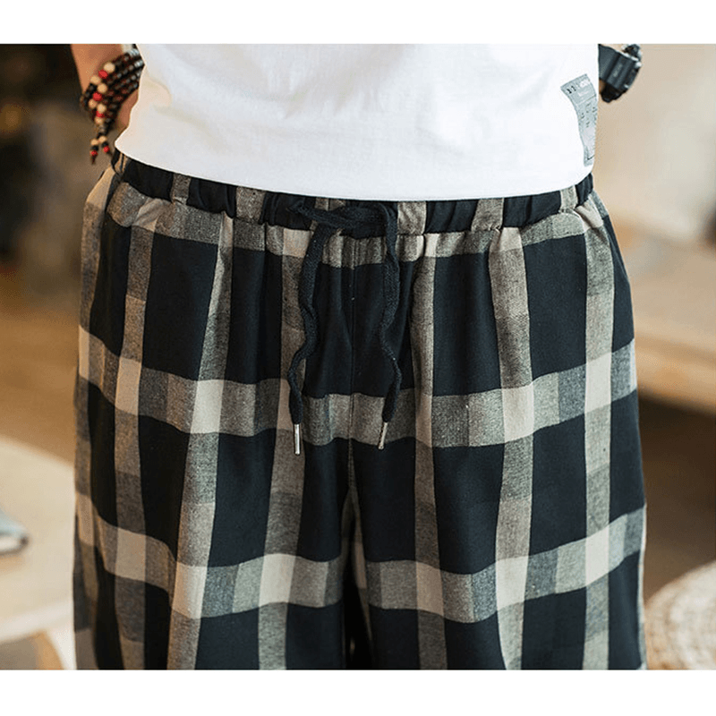 Mens Plaid Cotton Linen Loose Drawstring Calf-Length Casual Harem Pants - MRSLM