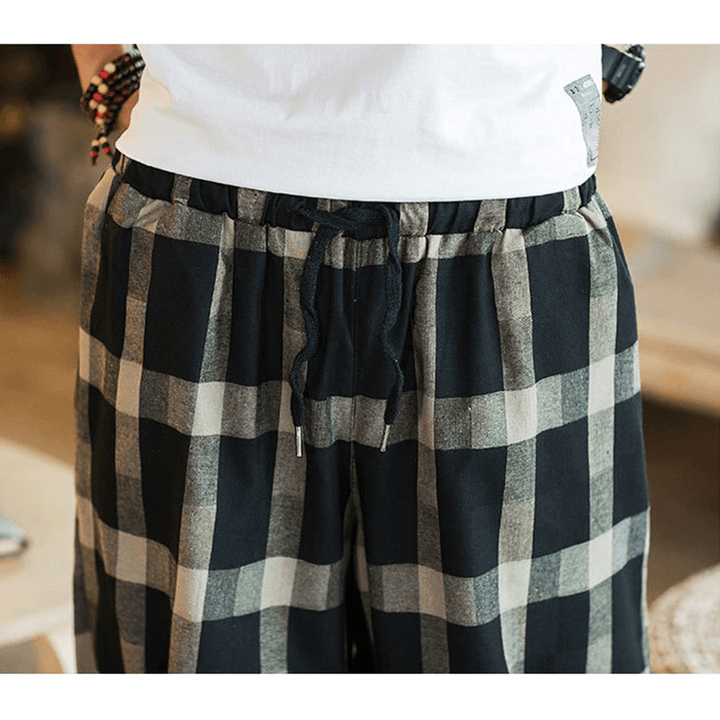 Mens Plaid Cotton Linen Loose Drawstring Calf-Length Casual Harem Pants - MRSLM