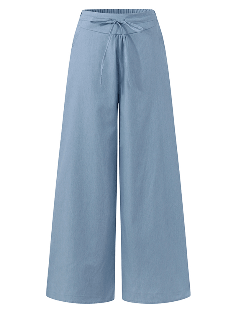 Women Solid Color Elastic Waist Cotton Casual Loose Wide Leg Pants - MRSLM