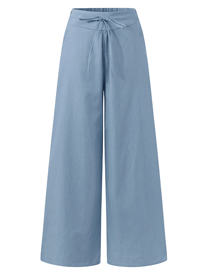 Women Solid Color Elastic Waist Cotton Casual Loose Wide Leg Pants - MRSLM