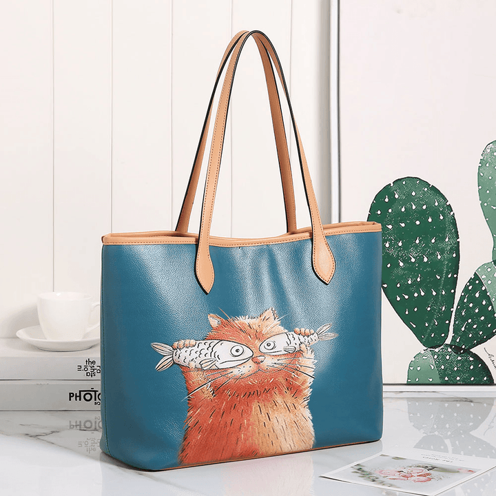 Women 2 PCS Cat Pattern Tote Large Capacity Shoulder Bag Handbag - MRSLM