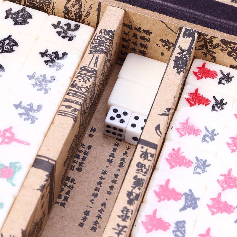 Chinese Mahjong Portable Retro Box Board Game Toy Rare 144 Tiles Mah-Jong Set in Leather Box - MRSLM