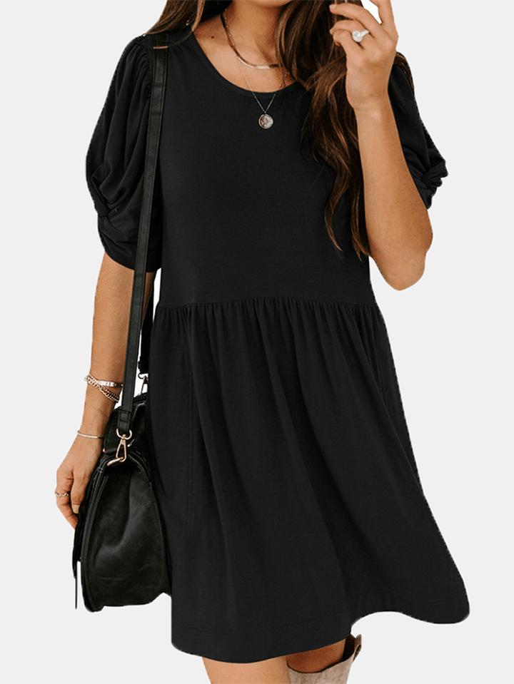 Women Pleats Solid Color Twist Sleeve Casual Dress - MRSLM