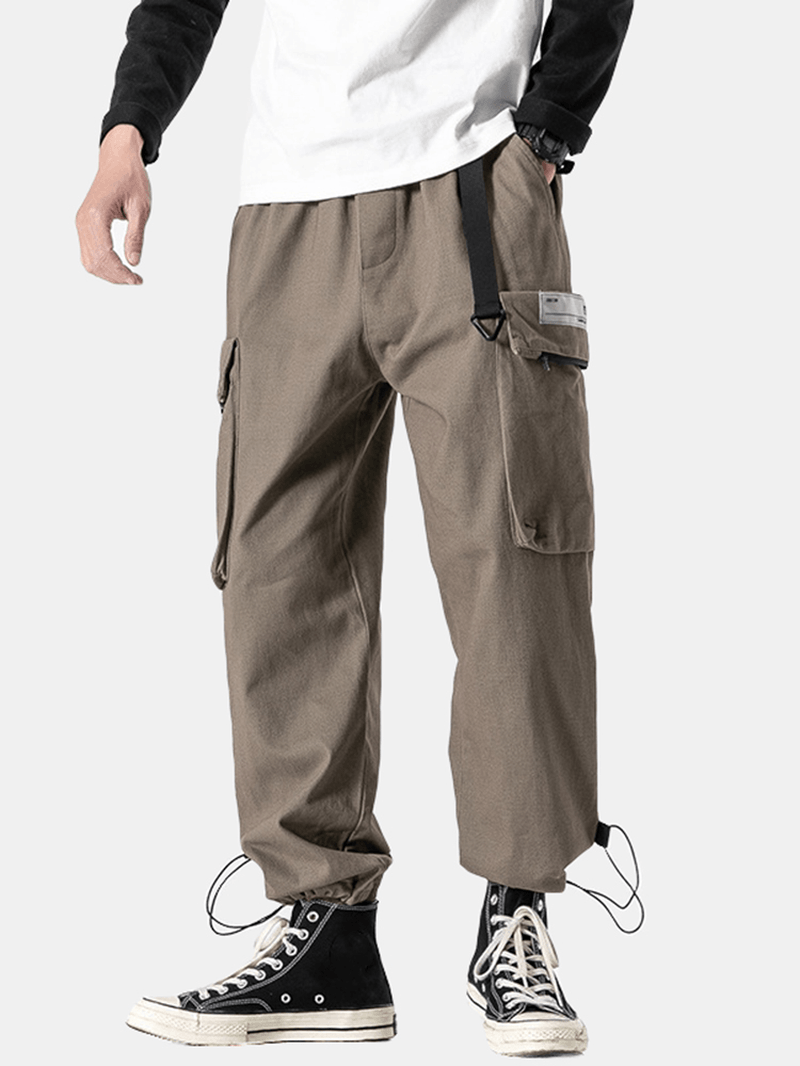 Mens Push Buckle Waist Cargo Style Drawstring Cuff Pants with Pocket - MRSLM