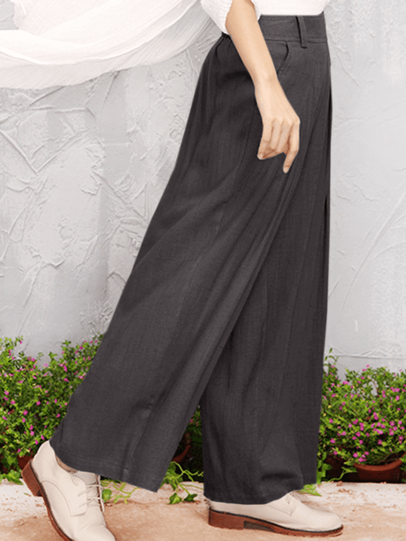 Wide-Legged Elastic Waist Solid Color Pants with Side Pockets - MRSLM