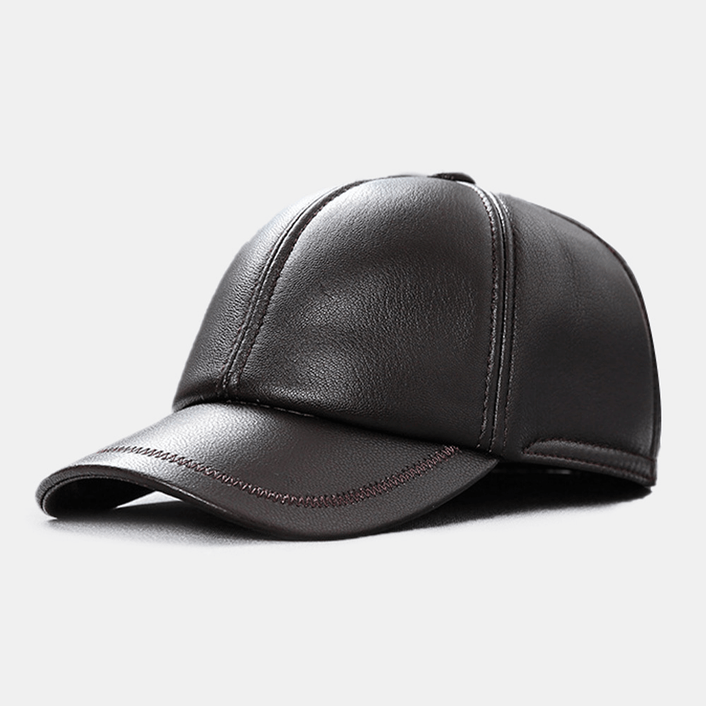 Men Genuine Leather Patchwork Embroidery Thread Dome Casual Windproof Sunshade Baseball Cap - MRSLM