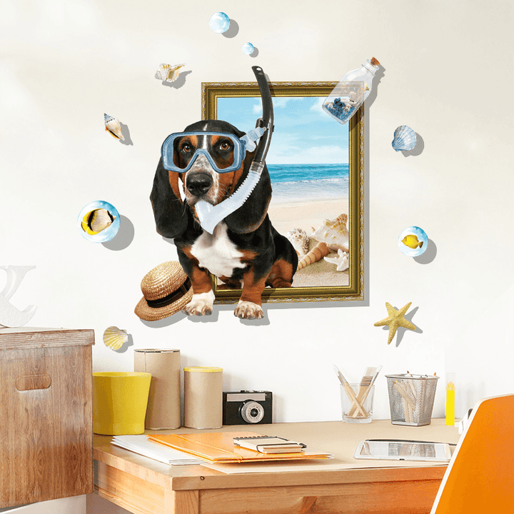 Miico Creative 3D Cartoon Summer Diving Dog Frame PVC Removable Home Room Decorative Wall Floor Decor Sticker - MRSLM