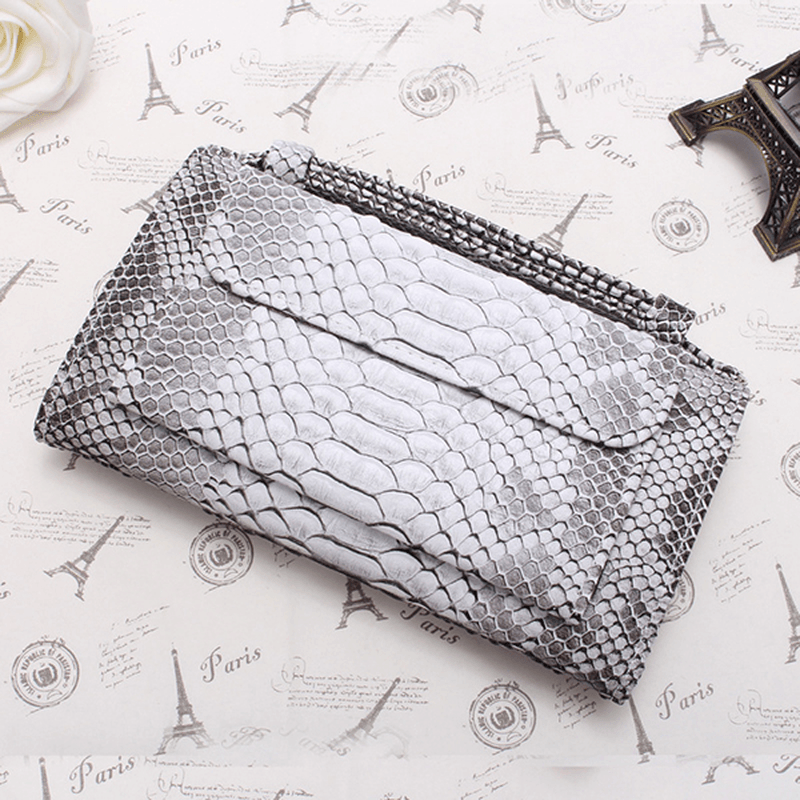 Women Snake Skin Genuine Leather Chain Shoulder Bag Crossbody Bag Handbag Long Wallet - MRSLM