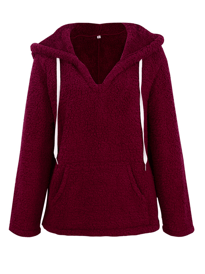 Women V-Neck Hooded Solid Color Fleece Coats - MRSLM