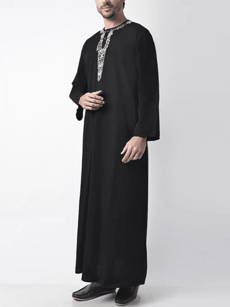 Mens Vintage Embroidered Button Casual Long Sleeve Kaftan Robe - MRSLM